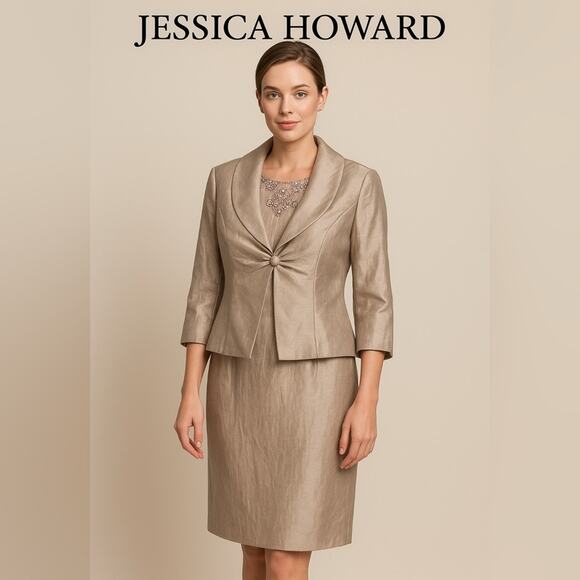 NWT $150 Jessica Howard 2 Piece Set Dress & Jacket Taupe 16 Plus Size Wedding - Picture 1 of 16
